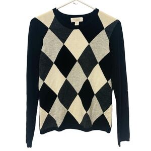 Mainbocher Women's Small Cashmere Argyle Crewneck Sweater‎ Black Gray Cream